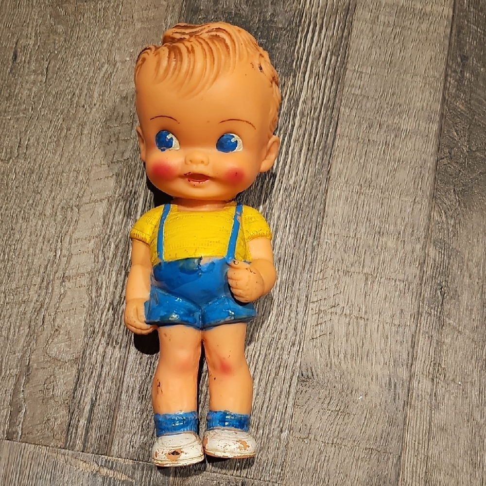 Vintage 1950's 8" Boy in Red Squeaker Doll Ruth E Newton Sun Rubber Co